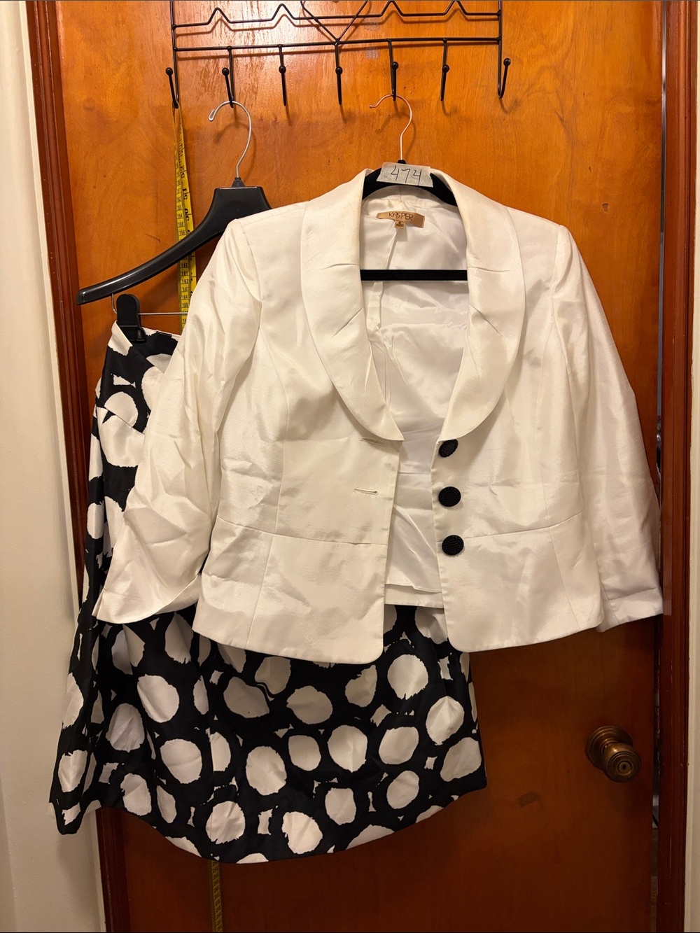 Kasper White Satin Cropped Blazer with Black & White Polka Dot Skirt
